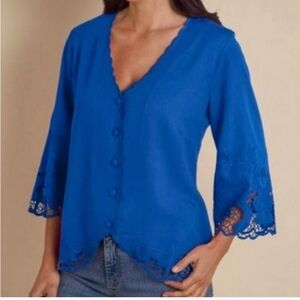 Soft Surrounding Sapphire Embroidered Trim Button Up Blouse Top